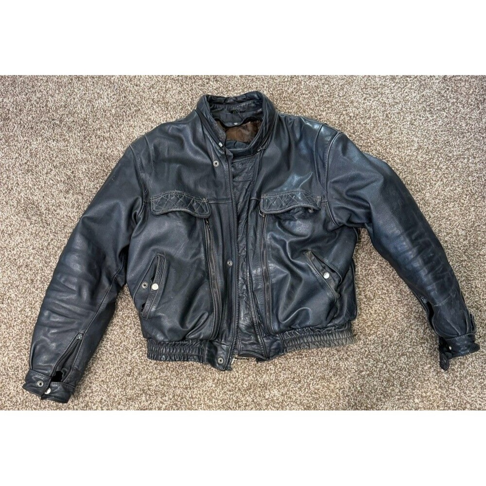 Vintage First Gear Armored Padded Leather Motorcycle Black Jacket Men’s Size Xl